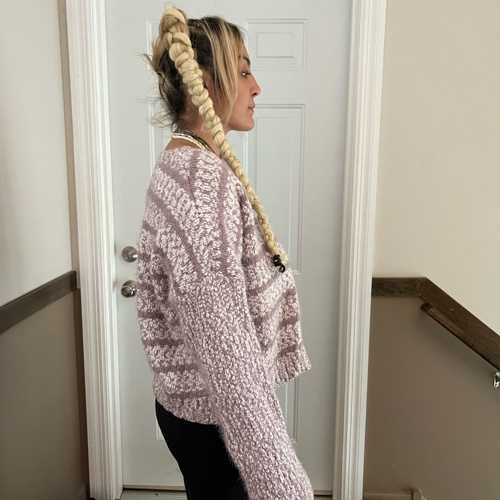 long sleeve purple and white sweater